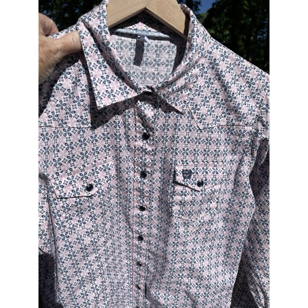 Cinch Western Snap LS Shirt Pink Navy Pockets Made in USA Ladies Size Large